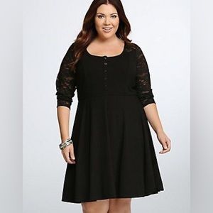 Torrid Black Henley Skater Dress with Lace Sleeves